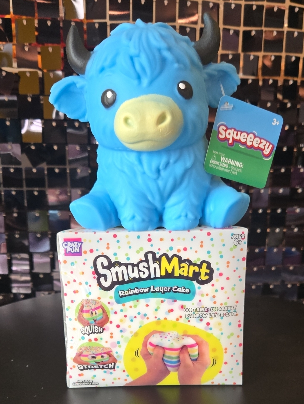 New SmushMart Rainbow Layer Cake Squeeze Toy & Squueeezy Blue Cow.